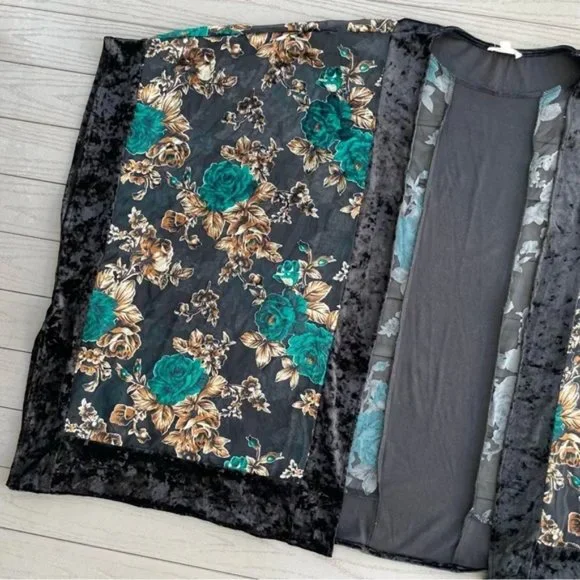 Black Tan Teal Velour Floral - Picture 3 of 3